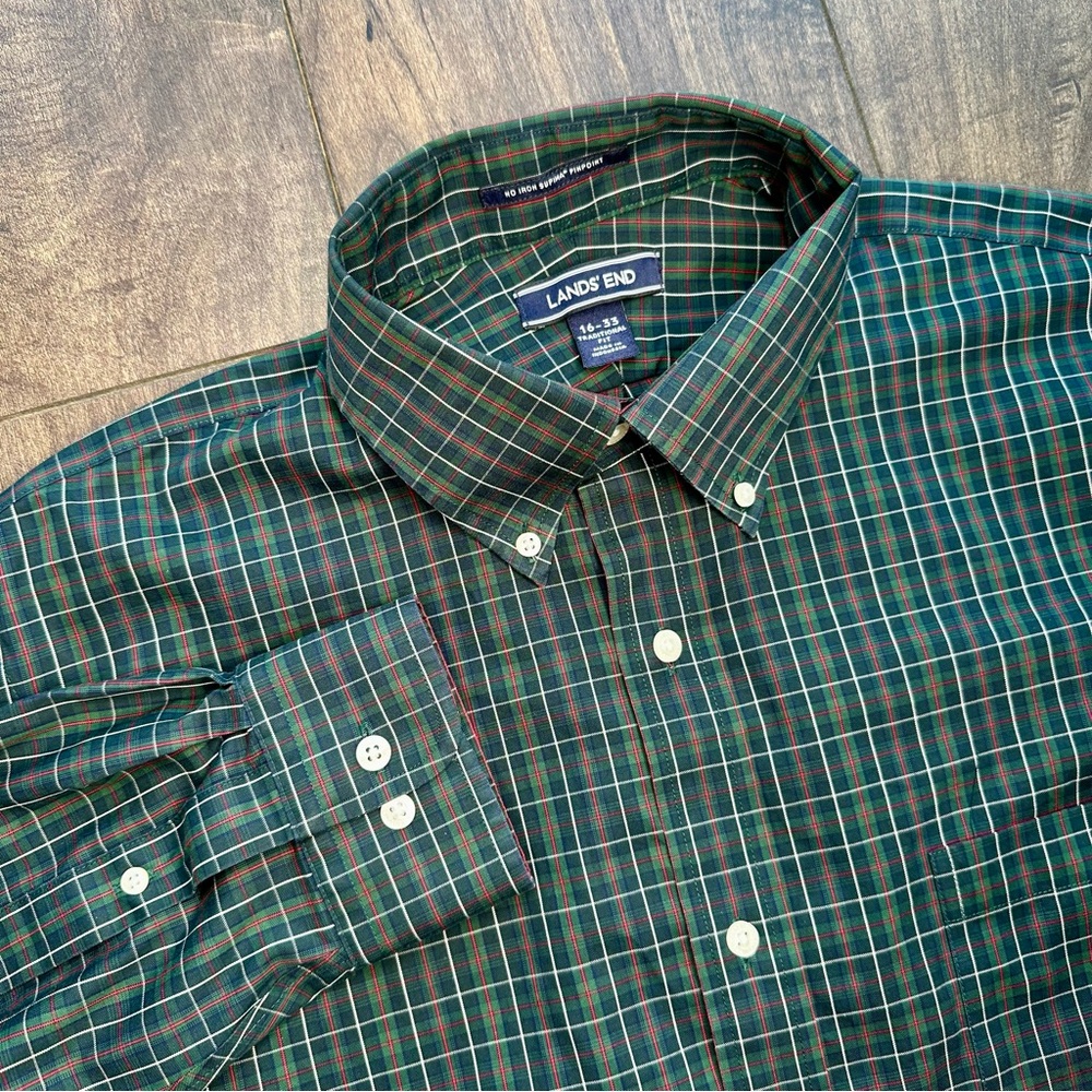 Lands' End Green Plaid Traditional Fit Supima Pinpoint Button Down - Size 16 33